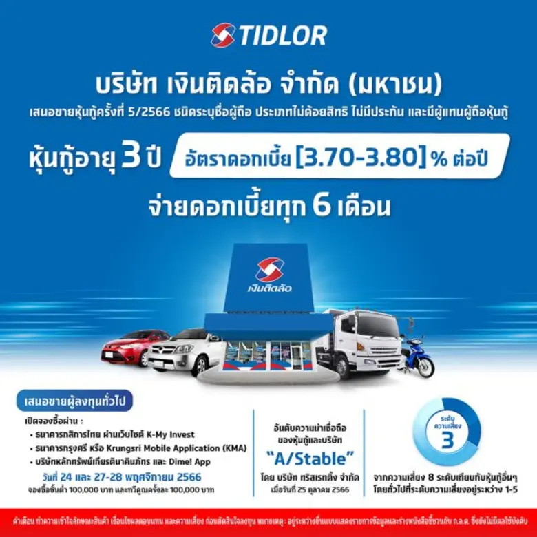 TIDLOR จ่อออกหุ้นกู้ชุดใหม่เรทติ้ง "A" แนวโน้ม "คงที่" อายุ 3 ปี ดอกเบี้ย [3.70-3.80]% ต่อปี คาดเปิดขายวันที่ 24 และ 27-28 พ.ย.นี้