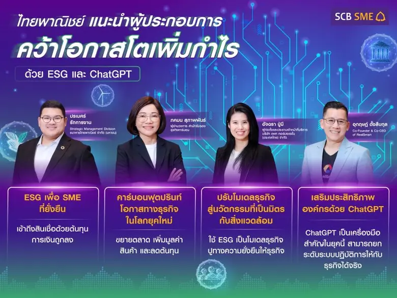 ไทยพาณิชย์ปลุกกระแสเอสเอ็มอียั่งยืน แนะผู้ประกอบการคว้าโอกาสโตเพิ่มกำไรด้วย ESG และ ChatGPT