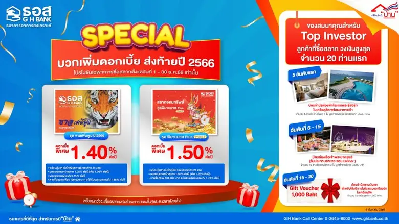 SPECIAL…บวกเพิ่มดอกเบี้ยส่งท้ายปี 2566 กับ สลากออมทรัพย์ ธอส. ชุด พิมานมาศ Plus Phase 2 และ ชุดขาลเพิ่มพูน ปี 2566