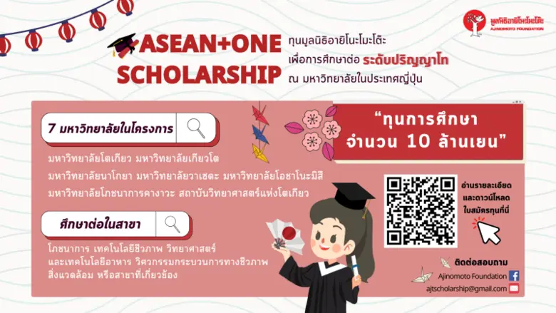 มูลนิธิอายิโนะโมะโต๊ะ เปิดรับสมัครทุนศึกษาวิจัย และปริญญาโท โครงการ "ASEAN+ONE SCHOLARSHIP" ประจำปี พ.ศ. 2568