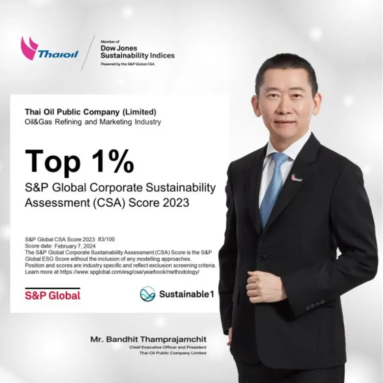 Thaioil has achieved the highest level in Sustainability Yearbook 2024 in the Oil and Gas Refining and Marketing Industry by S&P Global for the ninth year