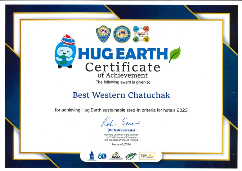 โรงแรมเบสท์ เวสเทิร์น จตุจักร ได้รับใบประกาศนียบัตรโรงแรม Hug Earth