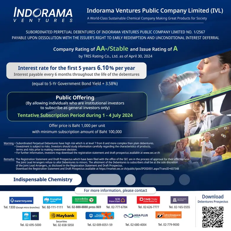 Indorama Ventures sets 5-year annual coupon for "A" rated perpetual bonds at 6.10%