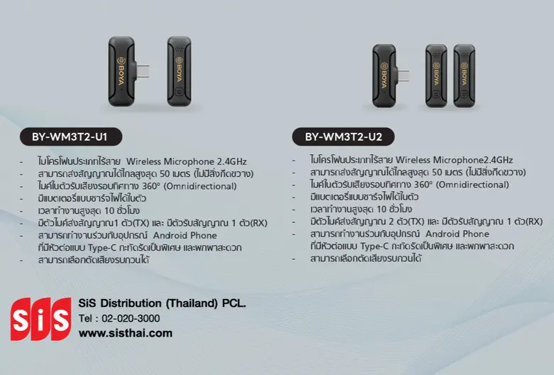 บมจ. เอสไอเอส ดิสทริบิวชั่น (ประเทศไทย) แนะนำ BOYA WM3T2-U1 & U2 ไมค์ไร้สาย ขนาดกะทัดรัด ราคาสบายกระเป๋า สายไลฟ์สดต้องมี !!