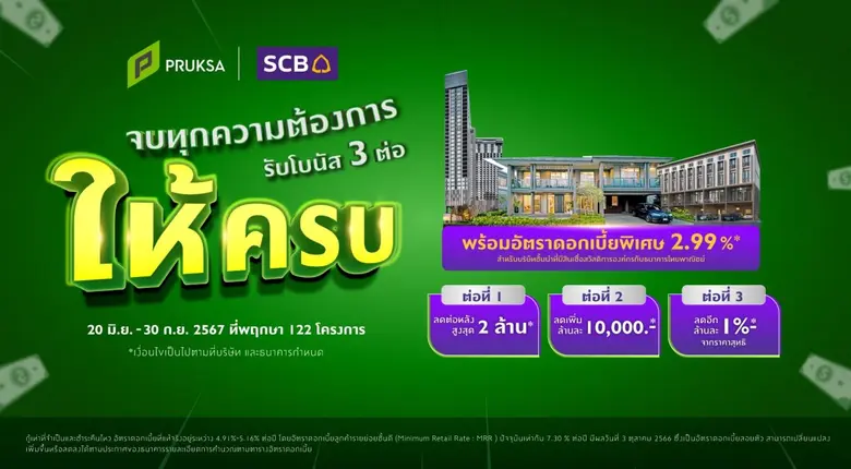 "พฤกษา" ยกทัพ 122 โครงการ ผนึก "ธนาคารไทยพาณิชย์" จัดแคมเปญเจาะกลุ่มลูกค้าองค์กร มอบความพิเศษจัดเต็ม "ดอกเบี้ยพิเศษ - ส่วนลด On Top - วงเงินกู้สูง"