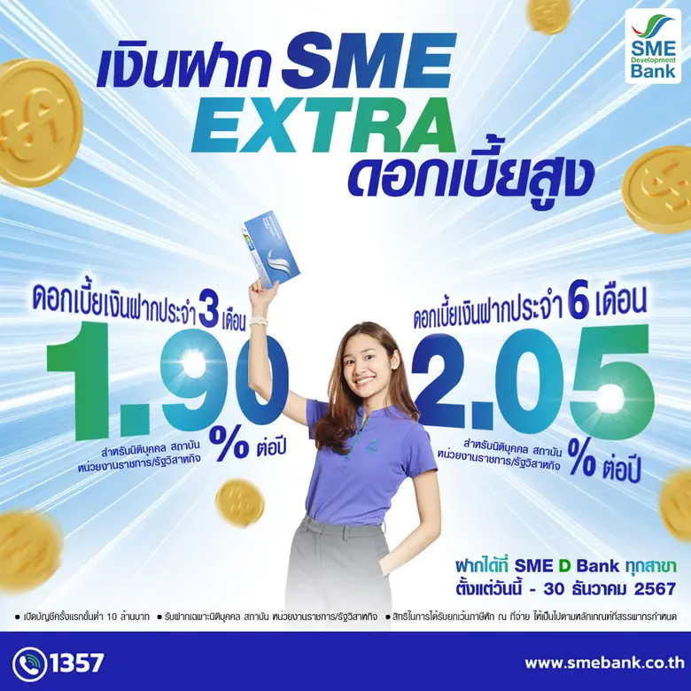 SME D Bank ออกผลิตภัณฑ์เงินฝากประจำ 'SME EXTRA’ ทางเลือกสำหรับนิติบุคคล สถาบัน และหน่วยงานภาครัฐ ฝากระยะสั้นเพียง 3-6 เดือน รับผลตอบแทนสุดปังสูงสุด 2.05% ต่อปี