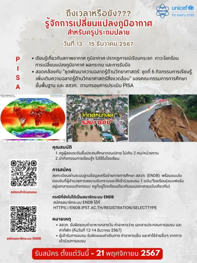 สสวท. อบรมครูวิทย์ "กิจกรรมการเรียนรู้การเปลี่ยนแปลงภูมิอากาศ ประถมปลาย"หนุนโรงเรียนนำไปใช้จัดการเรียนการสอน รับจำกัด 50 คน