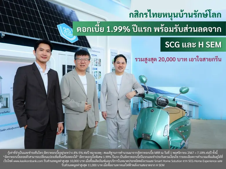 กสิกรไทยหนุนบ้านรักษ์โลก ดอกเบี้ย 1.99% ปีแรก พร้อมรับส่วนลดจาก SCG และ H SEM รวมสูงสุด 20,000 บาท เอาใจสายกรีน