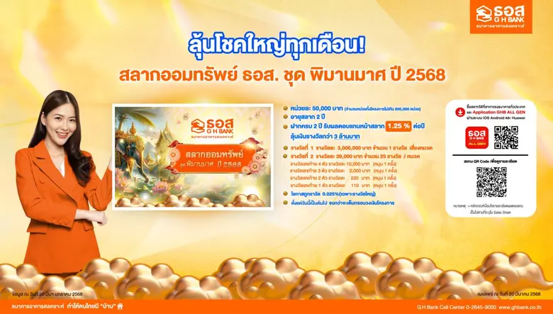ลุ้นโชคใหญ่ทุกเดือน! กับ "สลากออมทรัพย์ ธอส. ชุดพิมานมาศ ปี 2568"