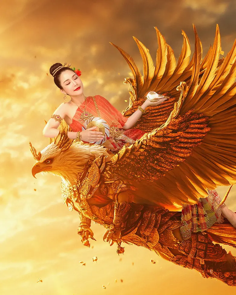 วนัช กูตูร์ เนรมิต จั๊กจั่น อคัมย์สิริ ในลุคนางสงกรานต์ "ทุงสะเทวี" เสด็จลงมาอย่างสง่างาม บนหลังครุฑทองอันทรงฤทธิ์