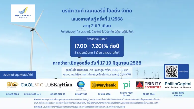 "วินด์ เอนเนอร์ยี่ โฮลดิ้ง" ยื่นไฟลิ่งหุ้นกู้ชุดใหม่ 1/68 ชูดอกเบี้ย [7.00-7.20]% เสริมแกร่งการเติบโต