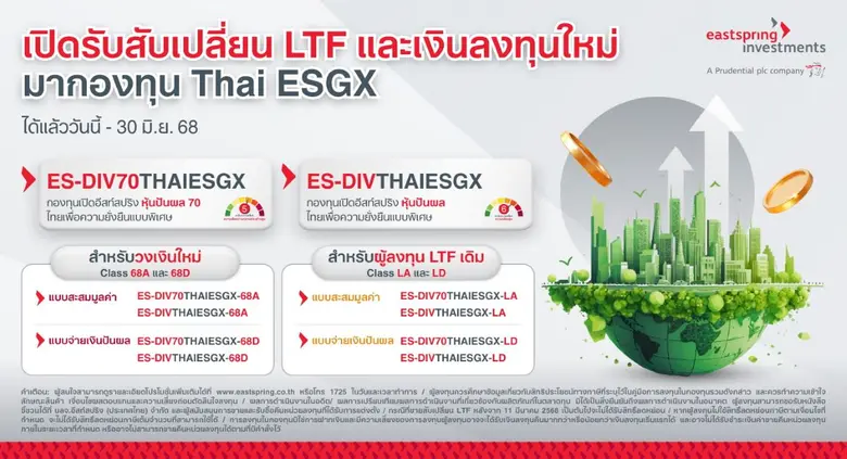 บลจ.อีสท์สปริง เปิด 2 ทางเลือกสับเปลี่ยนกองทุน LTF เข้า Thai ESGX เริ่มวันนี้-30 มิ.ย. 68 เน้นกองผสม "ES-DIV70THAIESGX" และ กองหุ้นไทยปันผลดี"ES-DIVTHAIESGX"