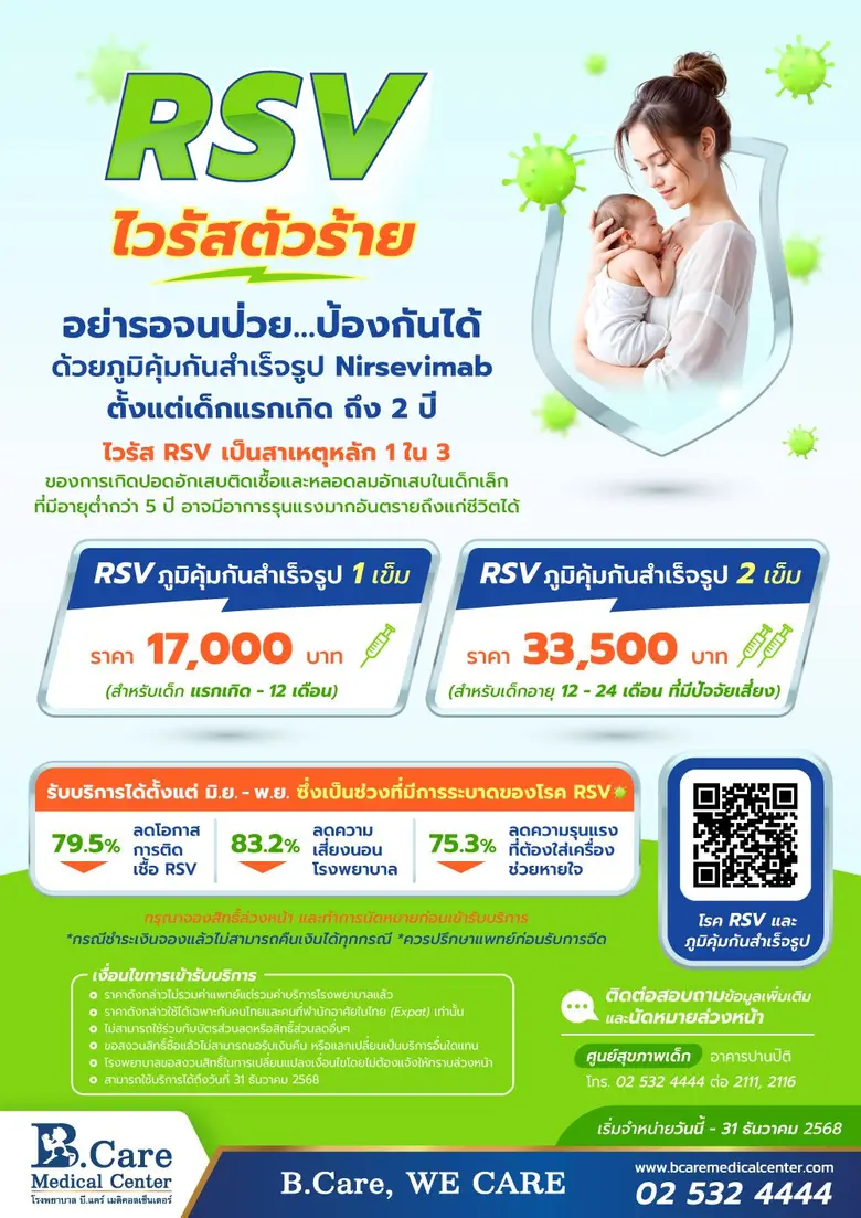RSV ไวรัสตัวร้าย อย่ารอจนป่วย…ป้องกันด้วยภูมิคุ้มกันสำเร็จรูป Nirsevimab ที่ โรงพยาบาล บี.แคร์ เมดิคอลเซ็นเตอร์