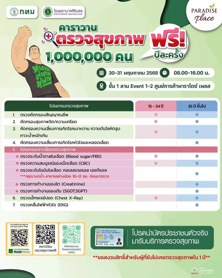 ตรวจสุขภาพฟรี! กับ "คาราวานตรวจสุขภาพ 1 ล้านคน" 30 - 31 พ.ค.นี้ ที่พาราไดซ์ เพลส