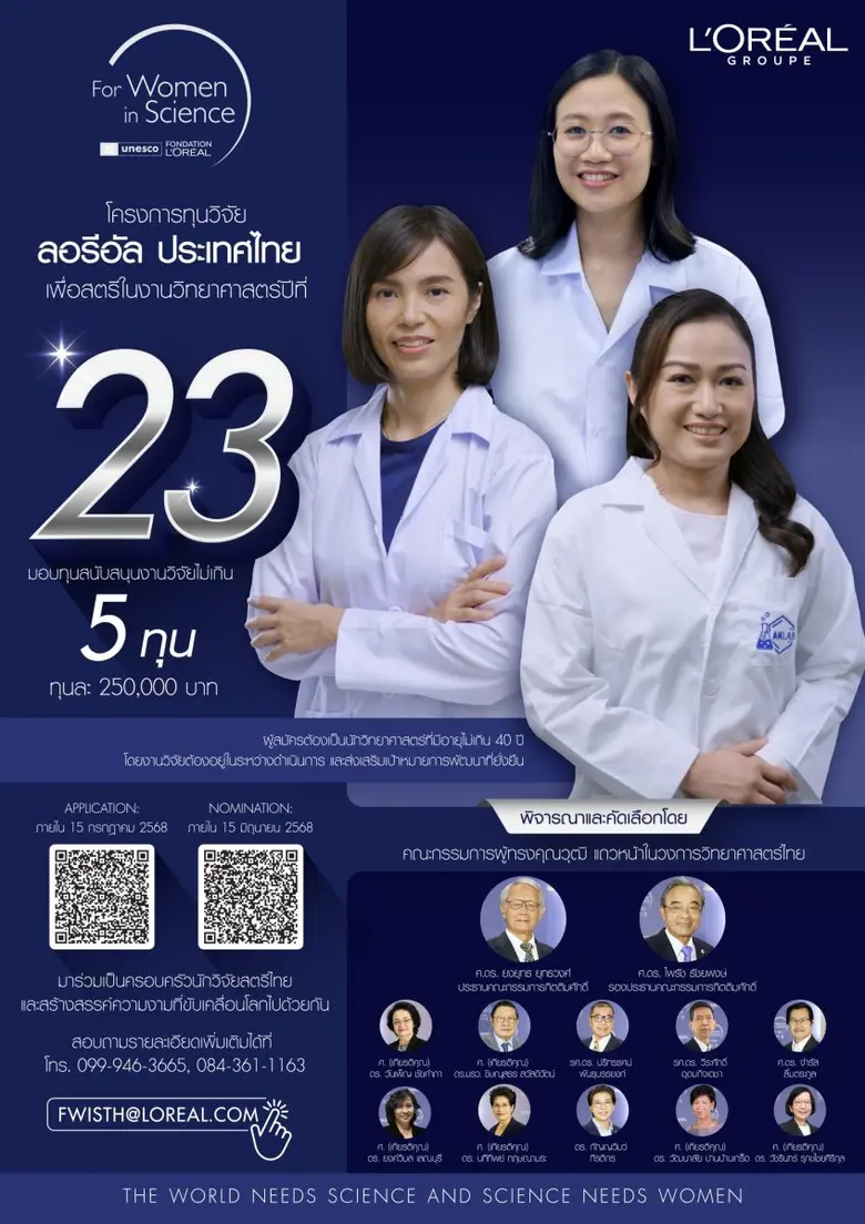 ลอรีอัล เปิดรับสมัครชิงทุนวิจัย "เพื่อสตรีในงานวิทยาศาสตร์" ครั้งที่ 23 มอบสูงสุด 5 ทุน เปิดรับสมัครถึง 15 กรกฎาคมนี้