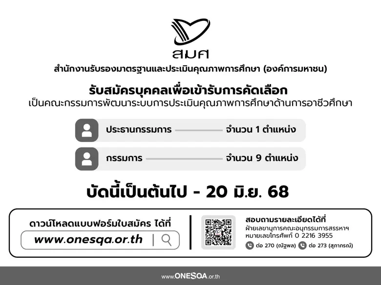 สมศ. เปิดรับสมัครคณะกรรมการพัฒนาระบบ การประเมินคุณภาพการศึกษาด้านอาชีวศึกษา