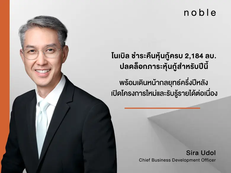 NOBLE ชำระคืนหุ้นกู้ครบ 2,184 ลบ. ปลดล็อกภาระหุ้นกู้สำหรับปีนี้ พร้อมเดินหน้ากลยุทธ์ครึ่งปีหลัง เปิดโครงการใหม่และรับรู้รายได้ต่อเนื่อง