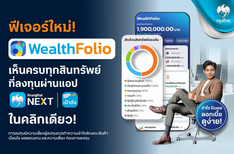 กรุงไทยเปิดตัว "WealthFolio" ฟีเจอร์ที่รวมข้อมูลสินทรัพย์การลงทุนในที่เดียวบนแอปฯ Krungthai NEXT และ เป๋าตัง ยกระดับประสบการณ์บริหารความมั่งคั่งยุคดิจิทัล