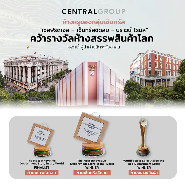 ห้างหรูของกลุ่มเซ็นทรัล "เซลฟริดเจส - เซ็นทรัลชิดลม - บราวน์ โธมัส" คว้ารางวัลห้างสรรพสินค้าโลก ตอกย้ำผู้นำค้าปลีกระดับสากล