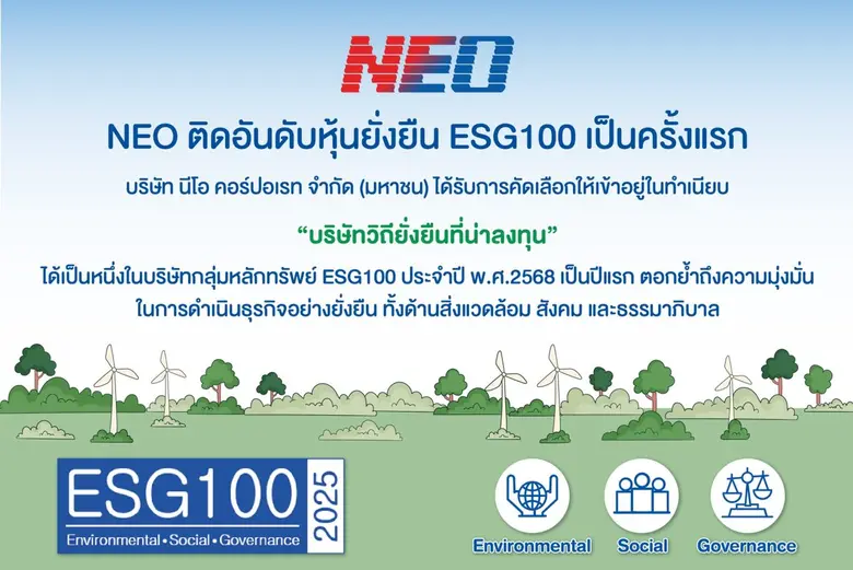 NEO ติดอันดับหุ้นยั่งยืน ESG100 เป็นครั้งแรก