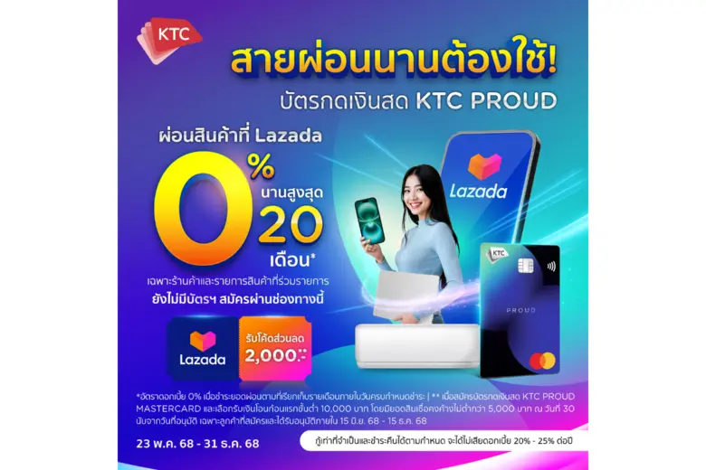 เคทีซี พราว ผนึกลาซาด้า มุ่งแบ่งเบาภาระผู้บริโภค ช้อปออนไลน์ ผ่อน 0% สูงสุด 20 เดือน สมาชิกใหม่รับโค้ดส่วนลด 2,000 บาท