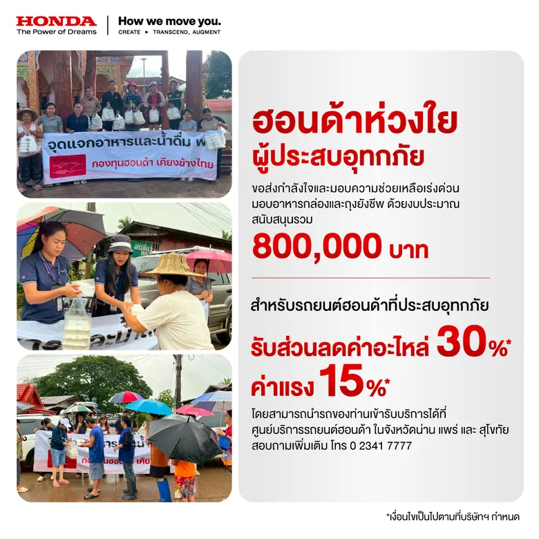กองทุนฮอนด้าเคียงข้างไทย ผนึกกำลังผู้จำหน่ายฯ ช่วยเหลือผู้ประสบภัยน้ำท่วมฉับพลัน ใน 3 จังหวัด น่าน แพร่ และสุโขทัย พร้อมมอบส่วนลดค่าอะไหล่สำหรับลูกค้ารถยนต์ฮอนด้าทุกรุ่นที่ประสบภัยในพื้นที่