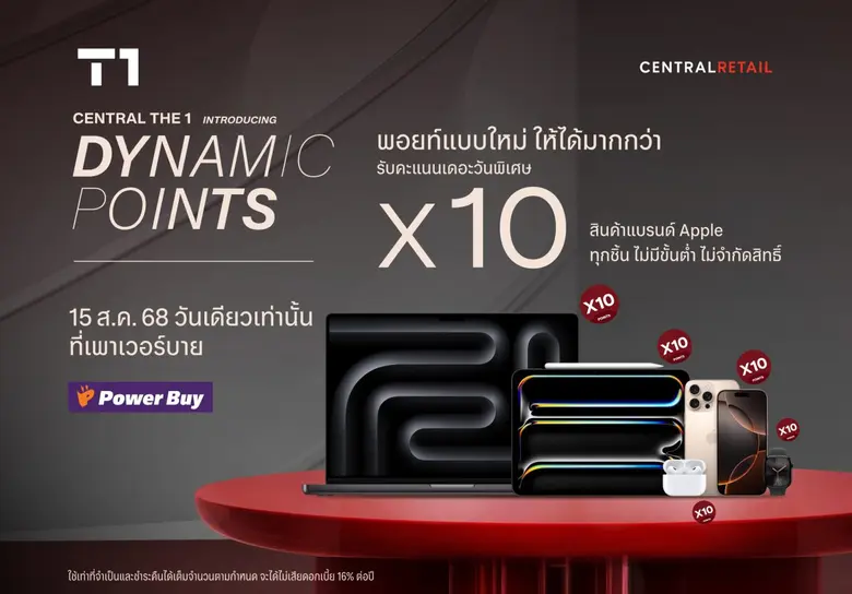 บัตรเครดิต เซ็นทรัล เดอะวัน ชวนช้อปสุดคุ้มกับ Dynamic Points 15 สิงหาคมนี้ ซื้อสินค้า APPLE ที่เพาเวอร์บาย รับคะแนนเดอะวัน 10 เท่า