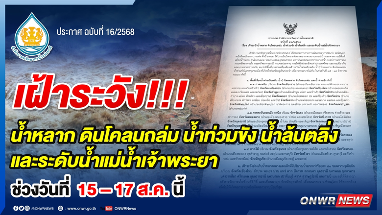 เฝ้าระวังน้ำหลาก ดินโคลนถล่ม น้ำท่วมขัง น้ำล้นตลิ่ง และระดับน้ำแม่น้ำเจ้าพระยา