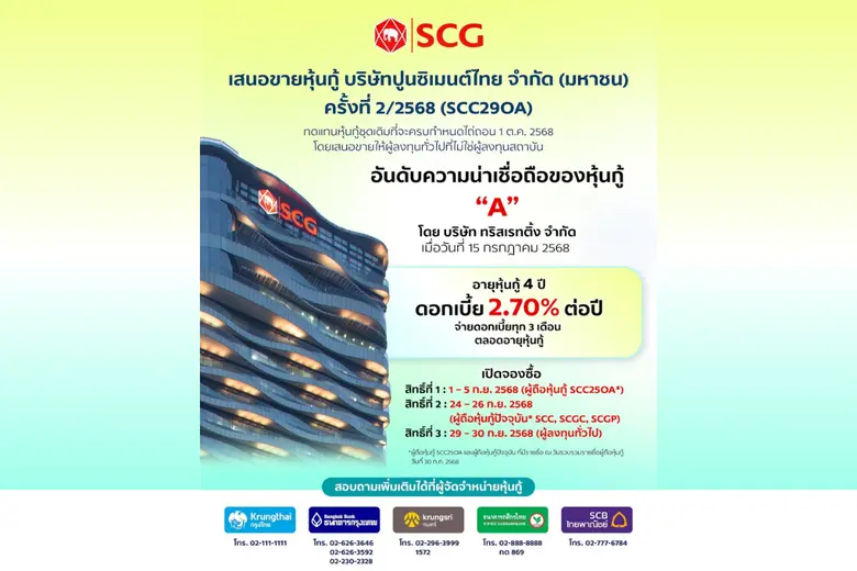 เอสซีจี ออกหุ้นกู้ชุดใหม่ 25,000 ล้านบาท ทดแทนชุดเดิมที่ครบอายุ ชูดอกเบี้ยคงที่ 2.70% ต่อปี เริ่มขาย 1 ก.ย. 68*