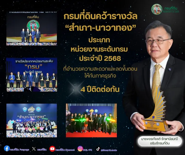กรมที่ดินคว้ารางวัล "สำเภา-นาวาทอง" 4 ปีซ้อน ตอกย้ำความเป็นเลิศด้านการอำนวยความสะดวกภาคธุรกิจ