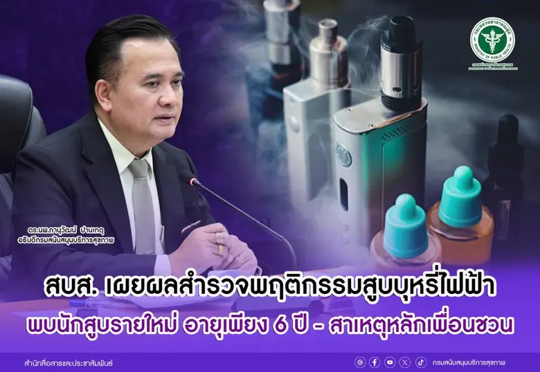 สบส. เผยผลสำรวจพฤติกรรมสูบบุหรี่ไฟฟ้า พบนักสูบรายใหม่อายุต่ำสุดเพียง 6 ปี - สาเหตุหลักเพื่อนชวน