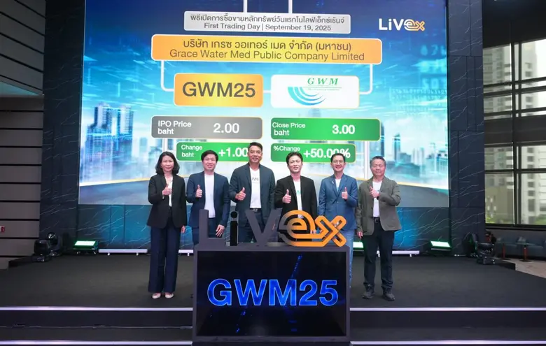 บมจ.เกรซ วอเทอร์ เมด (GWM25) เปิดเทรดวันแรก LiVEx ราคาพุ่ง 50% สะท้อนความเชื่อมั่นนักลงทุน ตั้งเป้าผลงานปี 68 มากกว่า 180 ล้านบาท พร้อมปักธงภายใน 3 ปีเข้าตลาด mai