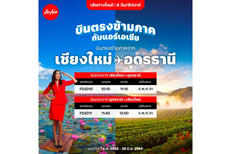 แอร์เอเชียเปิดบินตรงข้ามภาค "เชียงใหม่-อุดรธานี" เริ่มต้น 999 บาทต่อเที่ยวบิน! เชื่อมเหนือ-อีสานบินสะดวกยิ่งขึ้น จองได้เลย..เริ่มบิน 1 ธ.ค. 2568 นี้