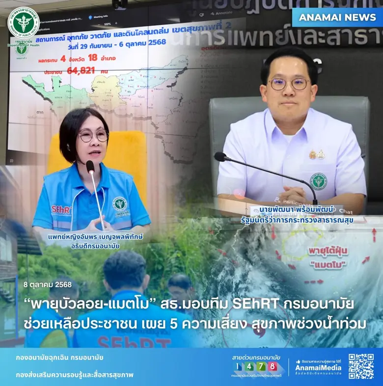 "พายุบัวลอย-แมตโม" สธ.มอบทีม SEhRT กรมอนามัย ช่วยเหลือประชาชน เผย 5 ความเสี่ยง สุขภาพช่วงน้ำท่วม
