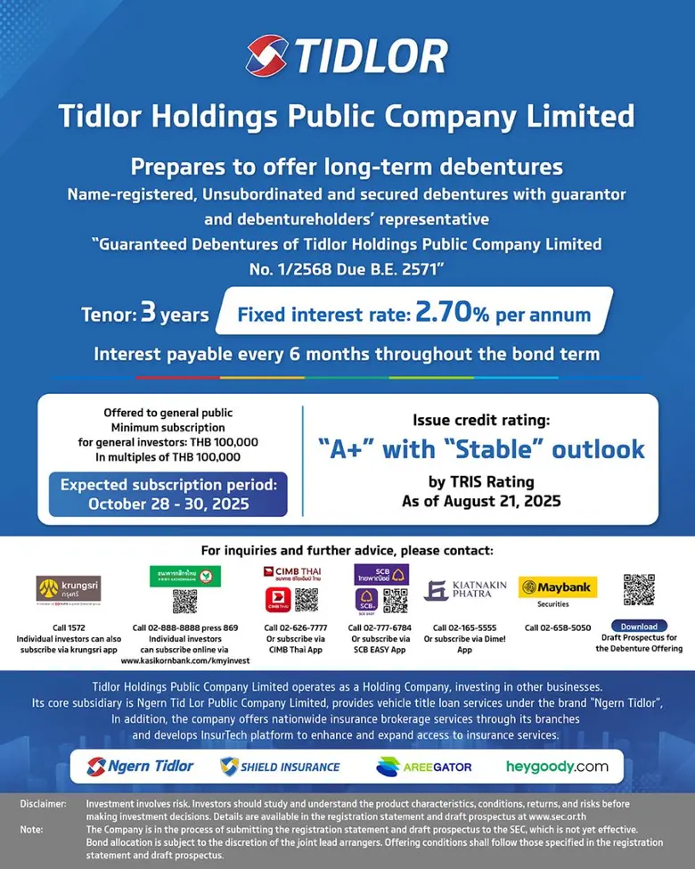 TIDLOR Announces 3-Year Debenture Offering with Fixed Interest Rate of 2.70% per annum "A+" rating by TRIS Rating, Expected Subscription Period: October 28-30, 2025