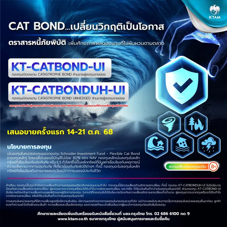 KTAM เปิดขายกองทุนตราสารหนี้ภัยพิบัติ "KT-CATBOND-UI และ KT-CATBONDUH-UI" IPO 14-21 ต.ค.นี้