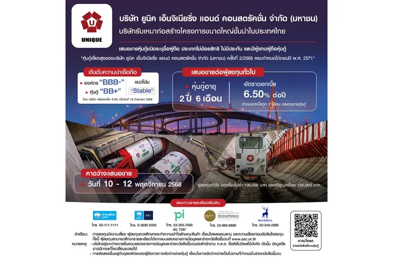 UNIQ เตรียมออกหุ้นกู้อายุ 2 ปี 6 เดือน อัตราดอกเบี้ย 6.50% ต่อปี พร้อมเสนอขายผู้ลงทุนทั่วไป ผ่านสถาบันการเงิน 5 แห่ง คาดเปิดจองซื้อ 10 - 12 พ.ย. 2568