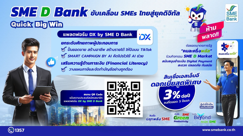 SME D Bank ขับเคลื่อนนโยบาย Quick Big Win ชูแพลตฟอร์ม "DX" ช่วยครบ "พัฒนาคู่เติมทุน" เสริมแกร่งเอสเอ็มอีไทยฝ่าฟันได้ทุกสถานการณ์