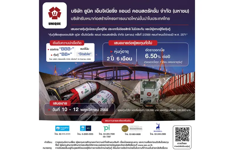 พร้อมแล้ว ! หุ้นกู้ UNIQ อายุ 2 ปี 6 เดือน ดอกเบี้ย 6.50% ต่อปี เสนอขายผู้ลงทุนทั่วไป 10 - 12 พ.ย.นี้