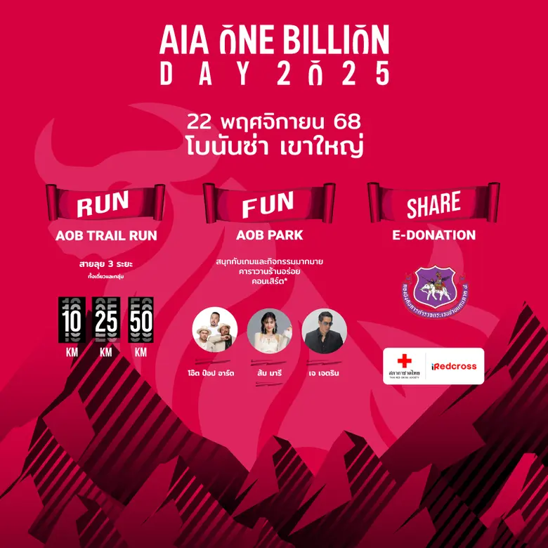 รวมพลังนักวิ่งทั่วไทย! AIA ONE BILLION DAY 2025 วิ่งเทรลเขาใหญ่ "วิ่งเพื่อให้" ชิงถ้วยพระราชทานฯ