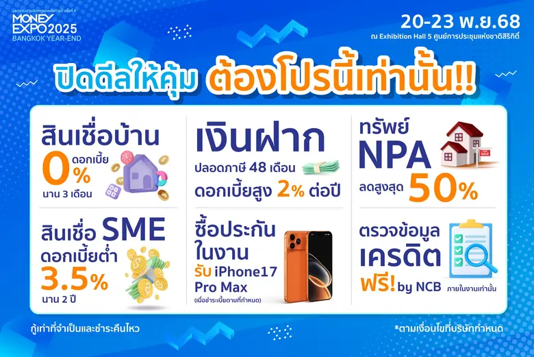 MONEY EXPO 2025 BANGKOK YEAR-END โปรแรงส่งท้ายปี! กู้บ้าน 0% 3 เดือน เงินฝากปลอดภาษี 2% ซื้อประกันรับ iPhone17 Pro Max
