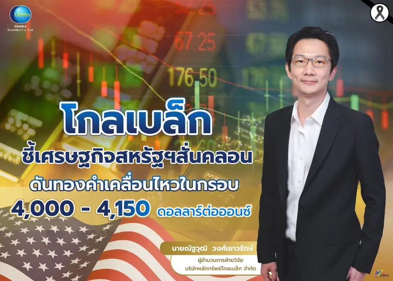 "โกลเบล็ก" ชี้เศรษฐกิจสหรัฐฯสั่นคลอน ดันทองคำเคลื่อนไหวในกรอบ 4,000 - 4,150 ดอลลาร์ต่อออนซ์