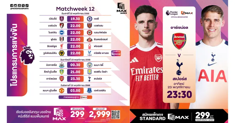 ศึกพรีเมียร์ลีกฯ สัปดาห์ที่ 12 "Monomax" ยิงสดครบทุกสนาม ลอนดอนดาร์บี้ "ปืนใหญ่-ไก่เดือยทอง" บิ๊กแมตซ์ "สาลิกาดงปะทะเรือใบ"