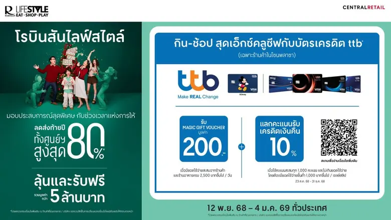 โรบินสันไลฟ์สไตล์ จับมือ บัตรเครดิต ttb ยกระดับประสบการณ์พิเศษ กิน - ช้อป ในช่วงเวลาแห่งการให้ส่งท้ายปีสุดคุ้ม