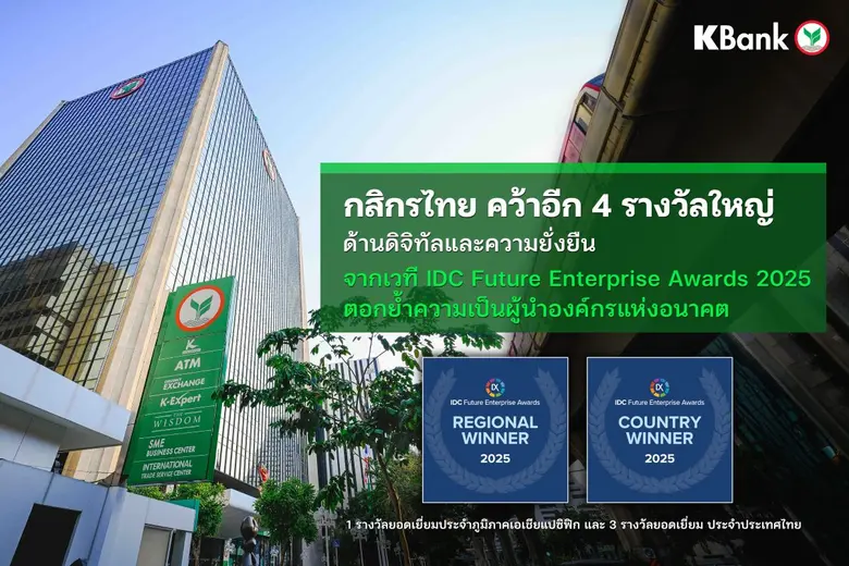 กสิกรไทย คว้าอีก 4 รางวัลใหญ่ ด้านดิจิทัลและความยั่งยืน จากเวที IDC Future Enterprise Awards 2025 ตอกย้ำความเป็นผู้นำองค์กรแห่งอนาคต