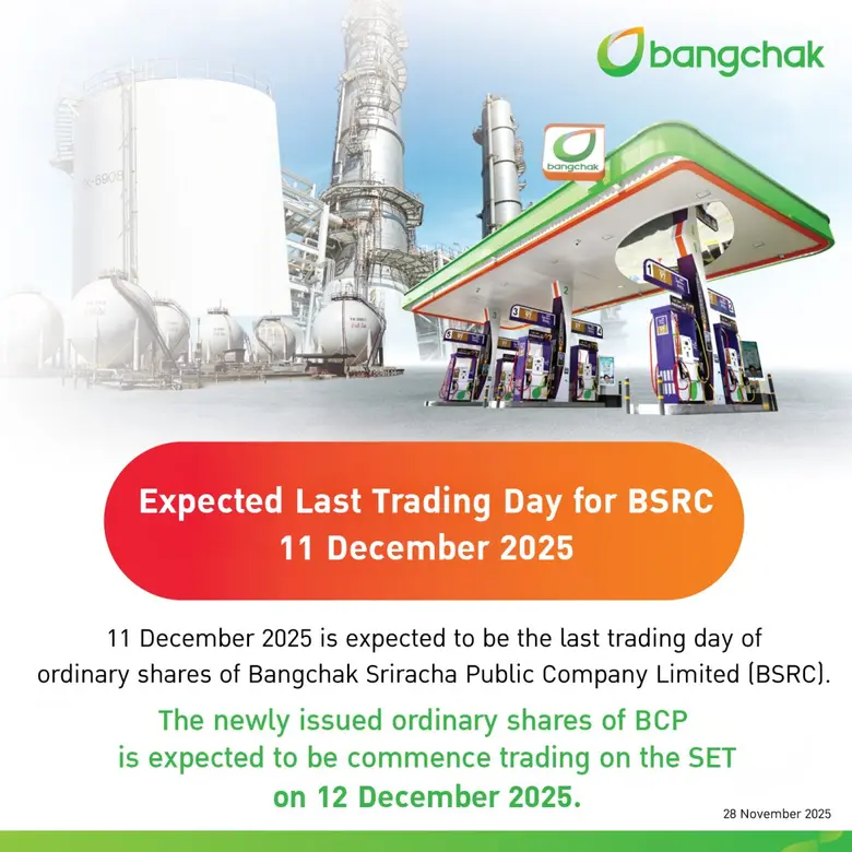 Bangchak Announces Completion of BSRC Share Repurchase Program Prepares for SET Delisting this 12 December