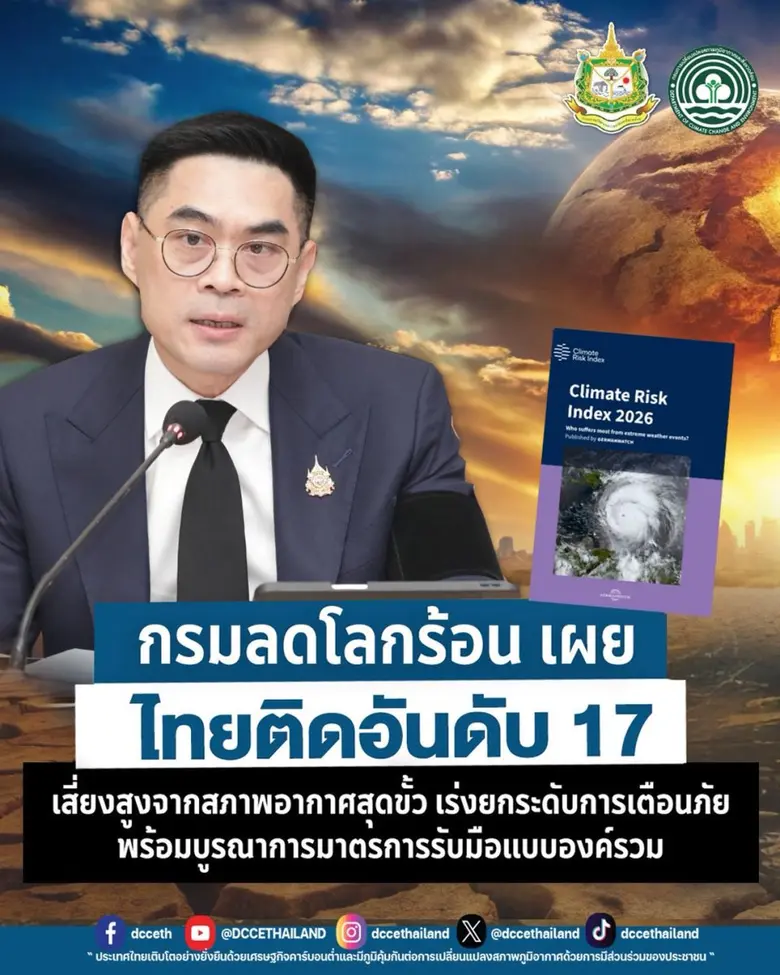 กรมลดโลกร้อน เผย ไทยติดอันดับ 17 เสี่ยงสูงจากสภาพอากาศสุดขั้ว เร่งยกระดับการเตือนภัย พร้อมบูรณาการมาตรการรับมือแบบองค์รวม
