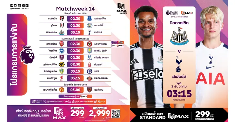 "Monomax" เสิร์ฟศึกพรีเมียร์ลีกฯ 3-5 ธ.ค. นี้!!! "นิวคาลเซิล ปะทะ สเปอร์ส" บิ๊กแมตซ์เดือดกลางสัปดาห์