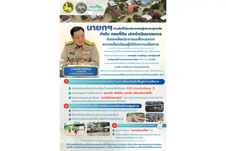 นายกฯ ห่วงใยพี่น้องประชาชนผู้ประสบอุทกภัย กำชับกรมที่ดินเร่งดำเนินมาตรการช่วยเหลืออย่างเร่งด่วน จากสถานการณ์น้ำท่วมในหลายจังหวัดของภาคใต้ ส่งผลให้ประชาชนจำนวนมากได้รับผลกระทบ