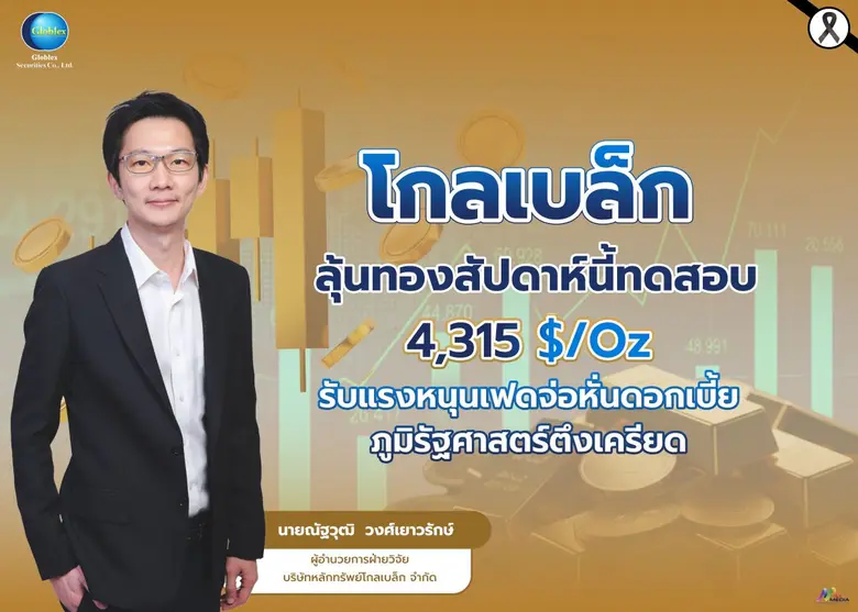 "โกลเบล็ก" ลุ้นทองสัปดาห์นี้ทดสอบ 4,315 $/Oz รับแรงหนุนเฟดจ่อหั่นดอกเบี้ย-ภูมิรัฐศาสตร์ตึงเครียด